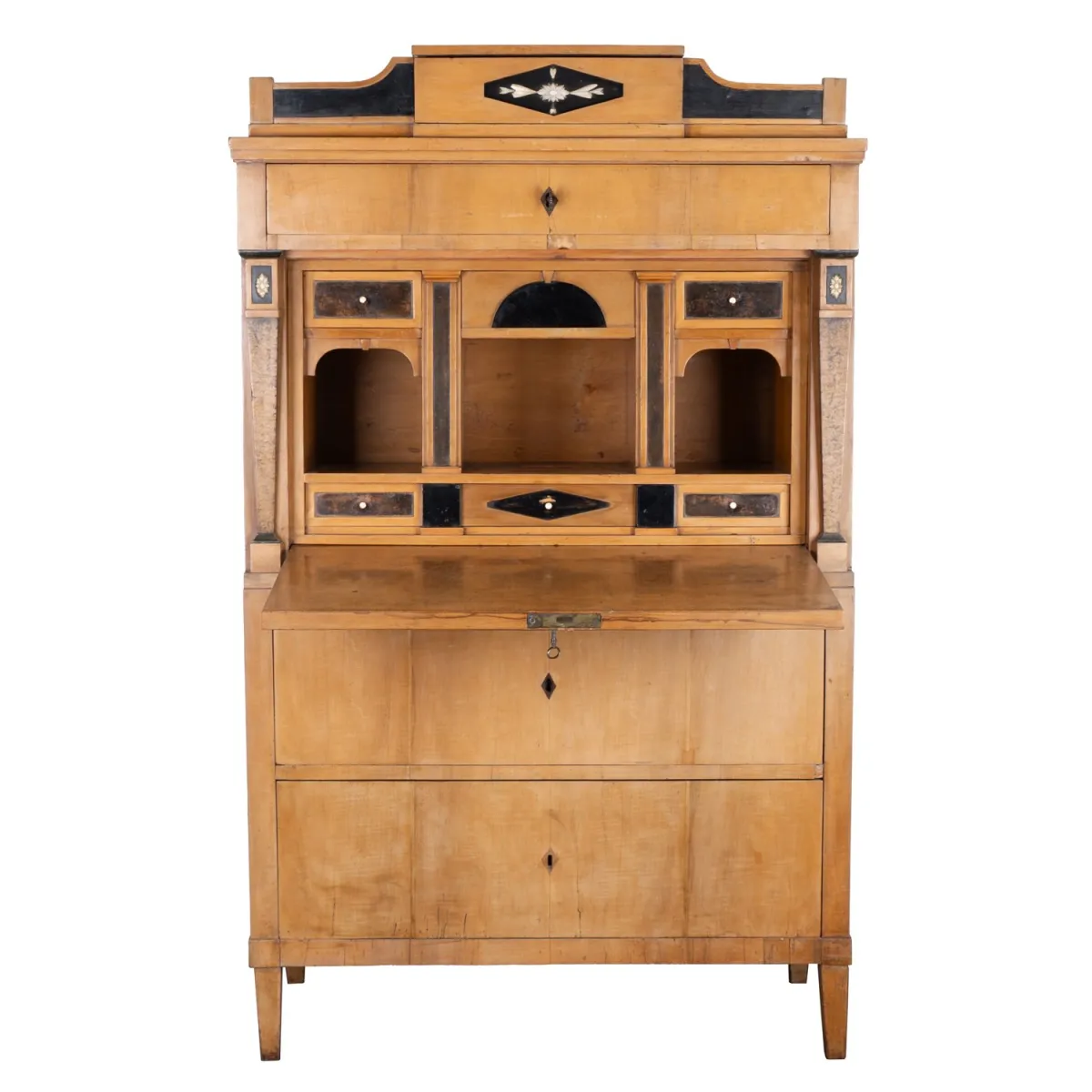 Antique secretary, Biedermeier, 19th c., solid and veneered birch, partially ebonized, writing flap laterally of bir…