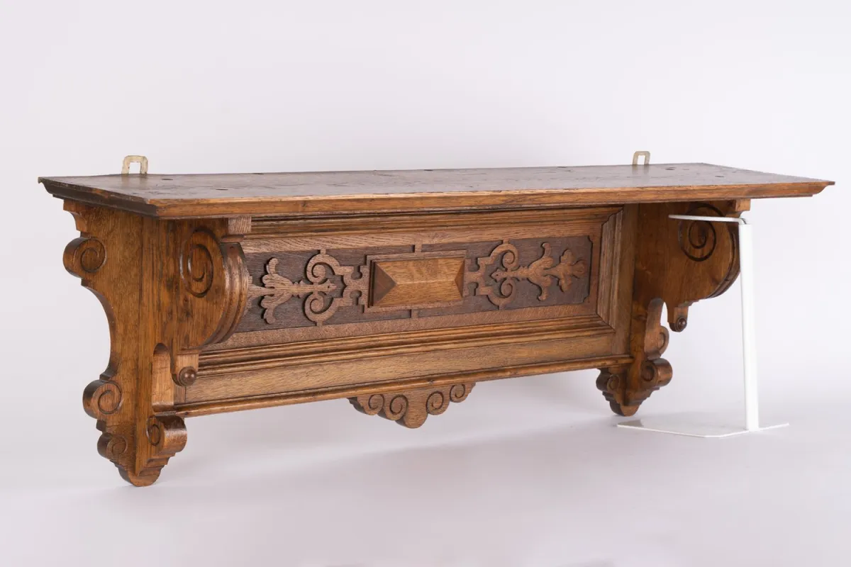 Wall shelf, Historicism, German around 1890, solid oak, good condition, height approx. 33 length approx. 100 depth approx. 22 cm.