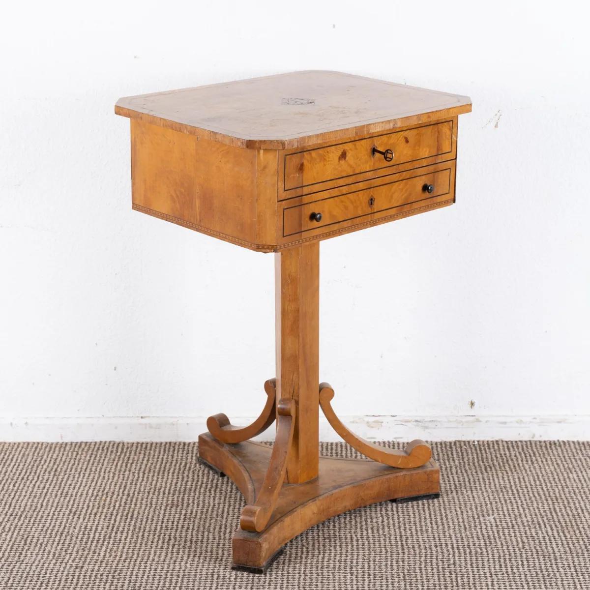 Sewing table, Biedermeier circa 1900/20, solid and veneered birch, partially blackened lines or inlaid band decorations, go…