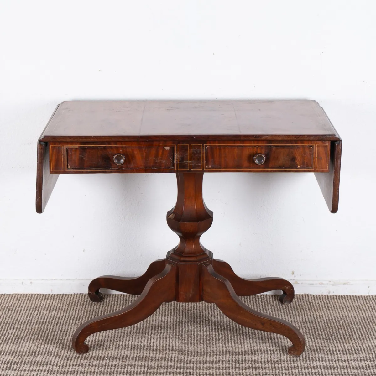 Antique free-standing console table, North German Biedermeier, 2nd third 19th century, solid and veneered mahogany. Lateral...