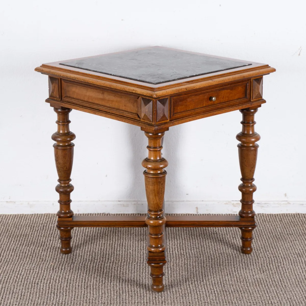 Square side table, braced, turned table frame; single-drawer apron box; Gründerzeit / historicism...