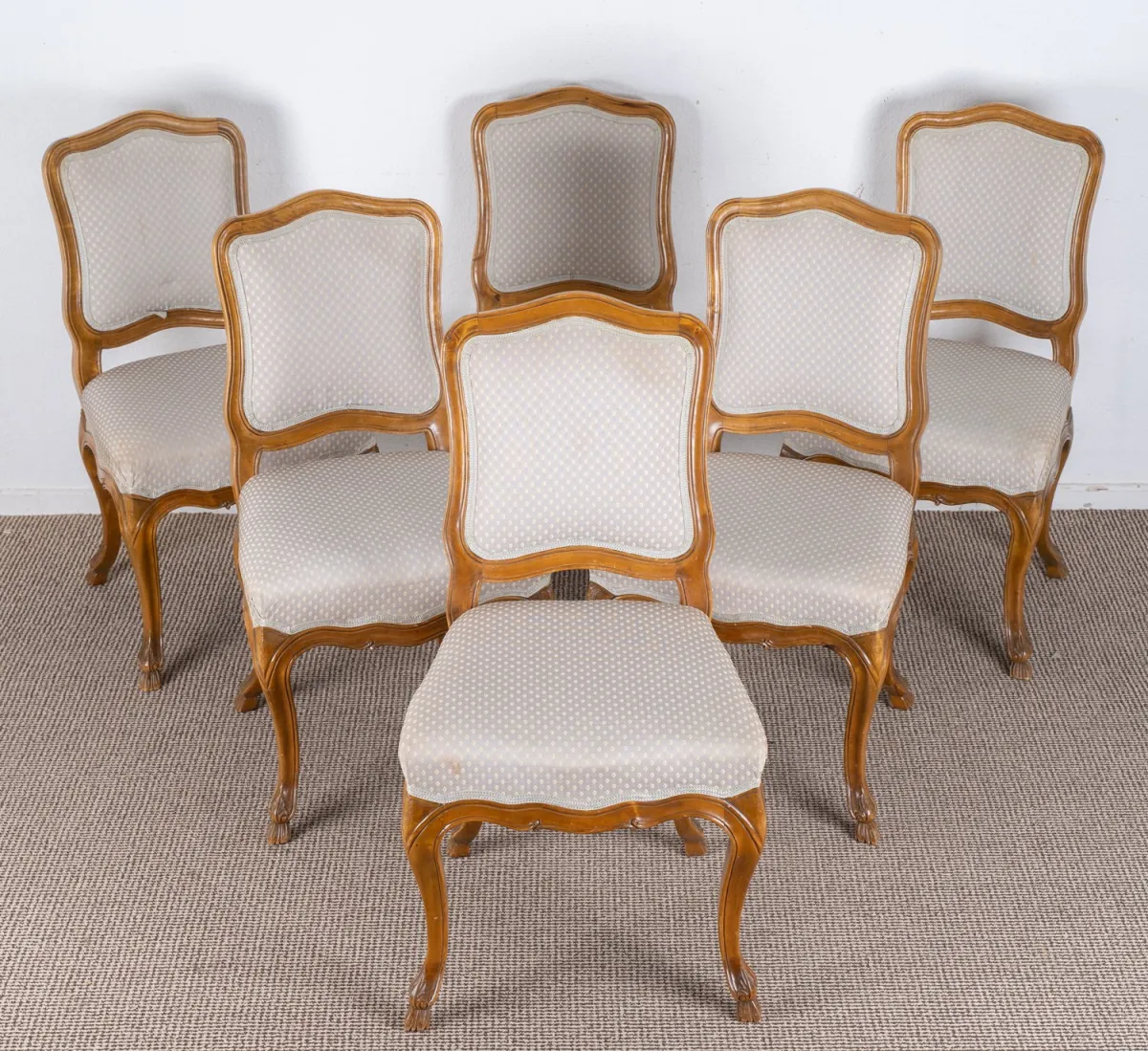 Set of 6 upholstered chairs in Louis XV style, solid lacquered partially carved beech frames, seat and back…
