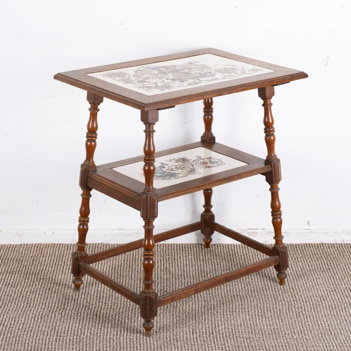 Antique tea table, Historicism / Gründerzeit around 1900, walnut, turned legs, braced, top and interme…