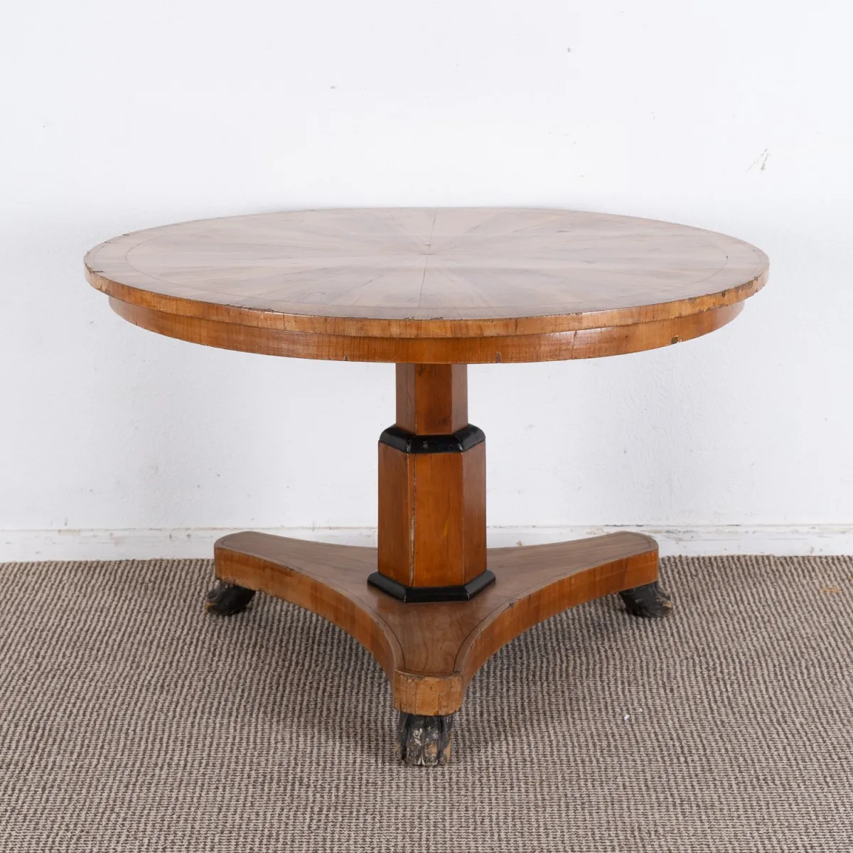 Round table, Biedermeier, 19th c., cherry, height approx. 62 cm, diameter approx. 99 cm, old restored condition.