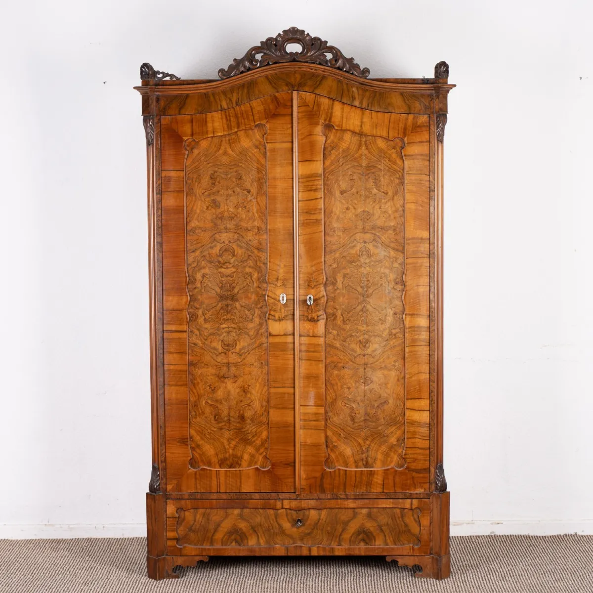 Antique linen cupboard, Historicism, 19th c., non-dismantlable 2-door cupboard with spacious bottom drawer