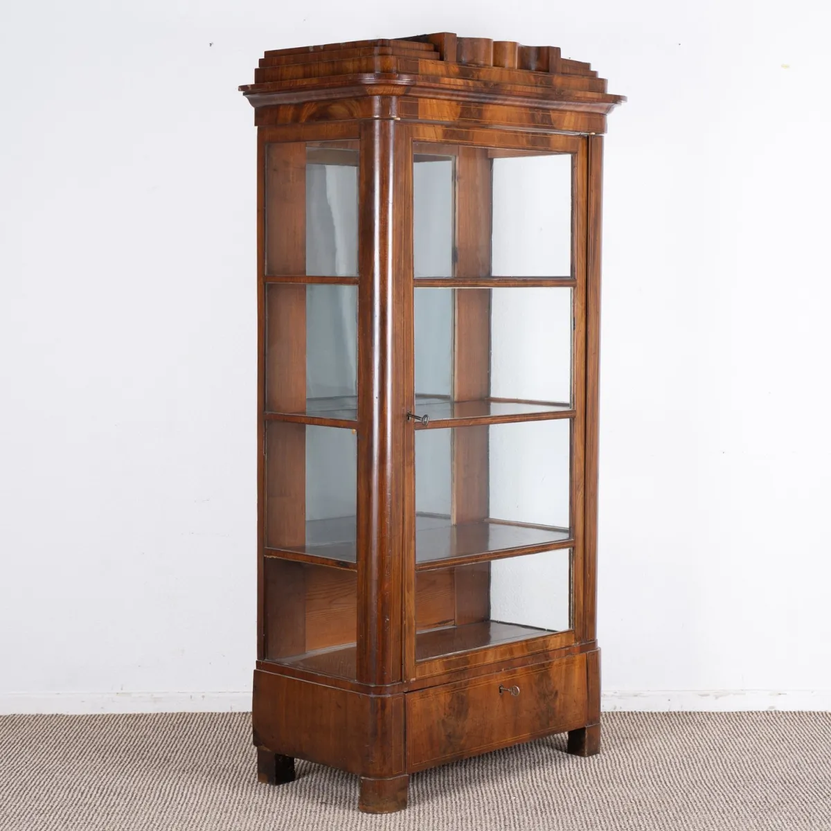 Elegant display cabinet, single-door cabinet glazed on 3 sides with bottom drawer and mirrored back