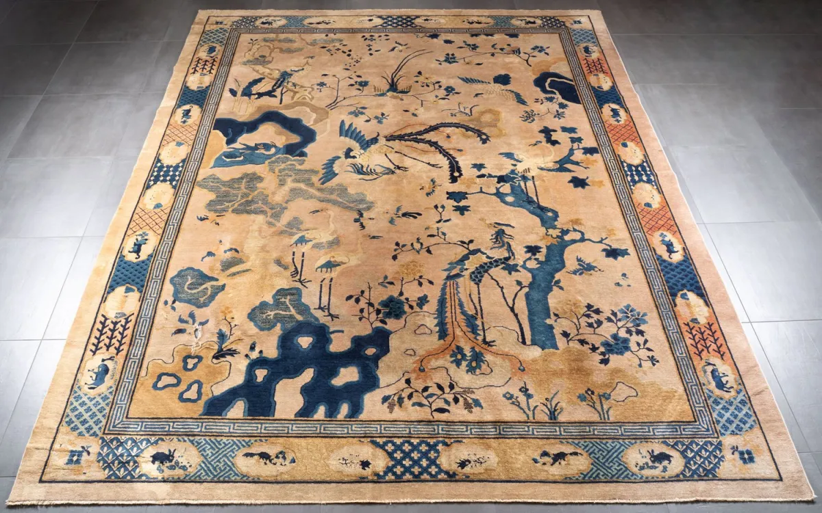 Antique Peking landscape carpet, China circa 1900, approx. 285 x 350 cm, warm sandy ground with wide main border