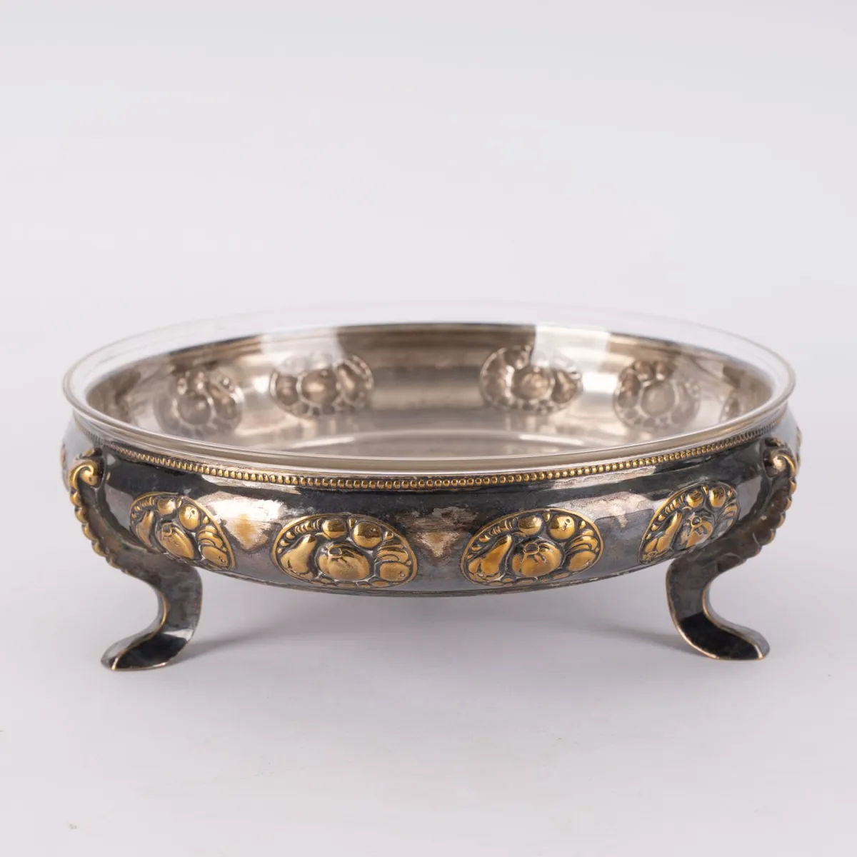 Large round footed bowl with glass insert, silver-plated brass, WMF from the 1920s/30s. Glass insert with tiny...