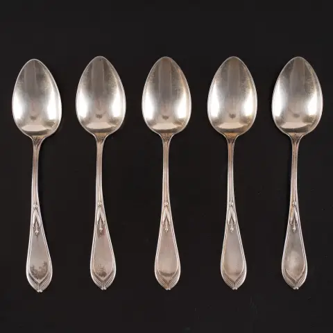 Suite de 5 cuillères à café, Art nouveau vers 1910/20, argent massif 800, longueur env. 14 cm chacune, avec dédicace au dos