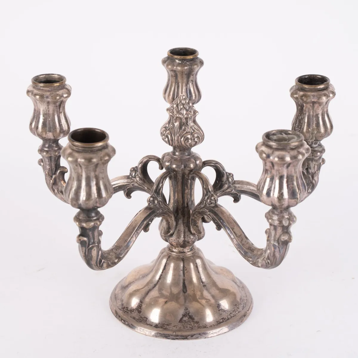 5-arm table candelabra, 835 silver, cast base, in baroque style, height approx. 21 cm, diameter…
