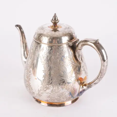 Cafetière décorative, métal argenté, Irlande 1re moitié du 20e siècle, longueur env. 24,5 cm, très bel état.