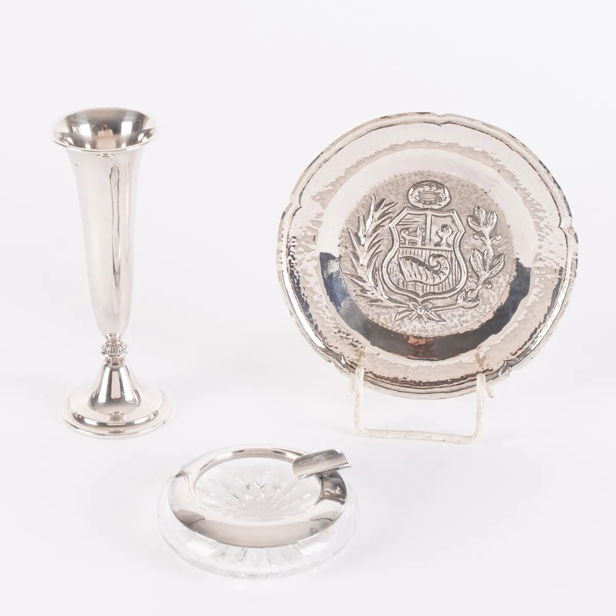 Lot de 3 objets en argent de table, dont cendrier rond en cristal avec argent 925 massif