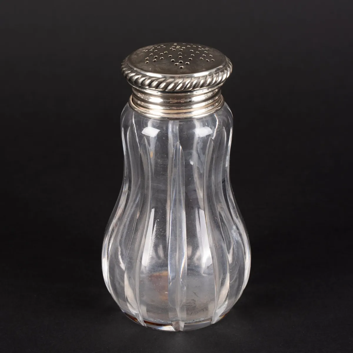 Powdered sugar shaker, 2nd third 20th c., thick-walled crystal glass with 835 silver mount, very nice used condition.