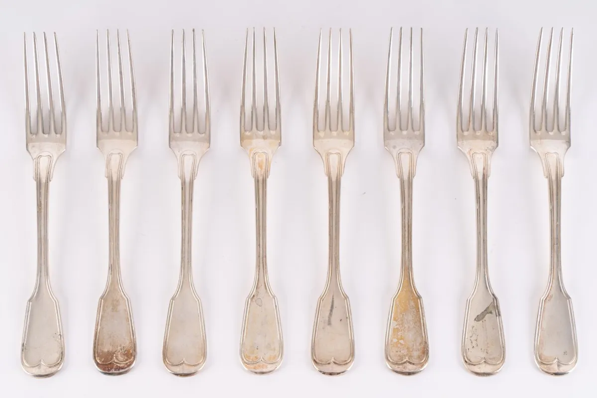 Set of 8 heavy dinner forks, Augsburger Faden pattern, solid 800 silver, length approx. 21.5 cm, total approx. 600g