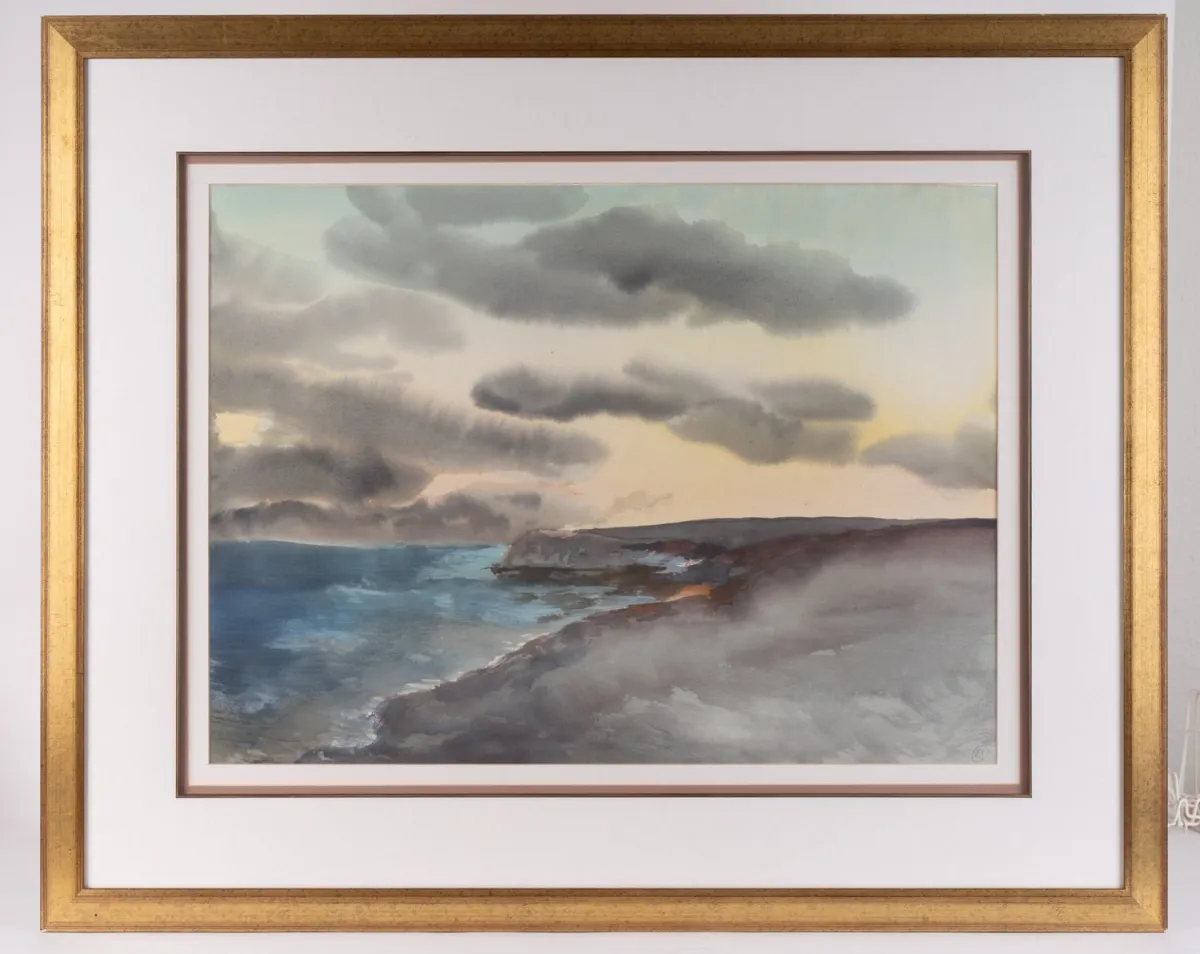 Abendstimmung an der Costa Blanca - großformatiges, hinter Glas gerahmtes Aquarell des Eberhard Schlotter (Hildesheim 19…