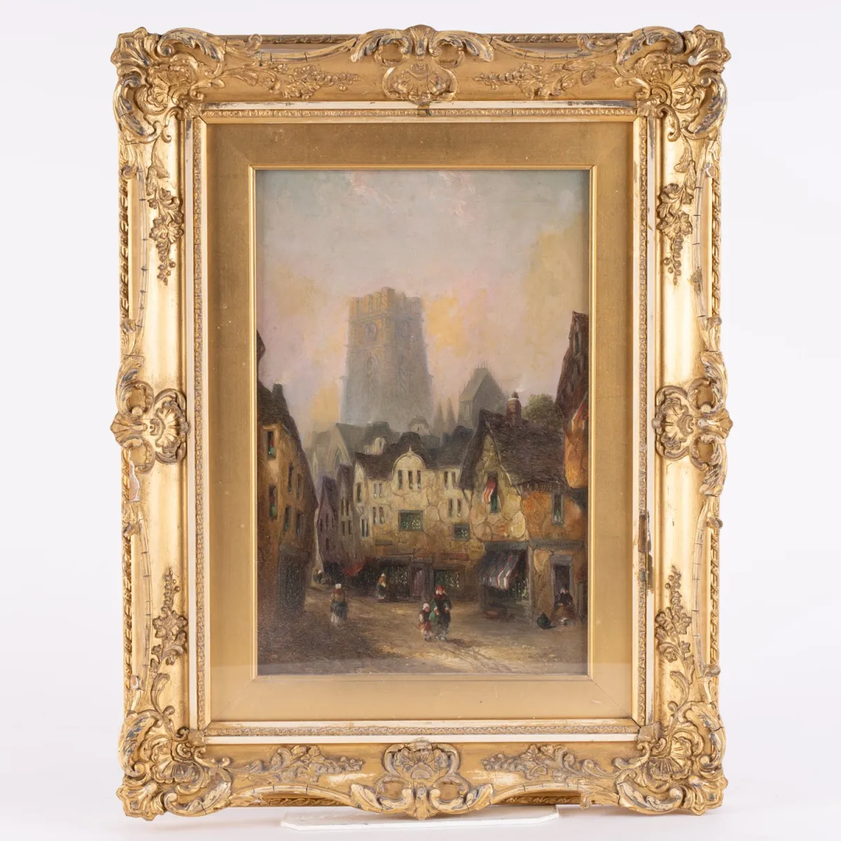 Stimmungsvolle, spätromantische Altstadtszenerie, kleinformatiges Gemälde, Öl auf Leinwand, ca. 30,5 x 21,5 cm, spätes 1…