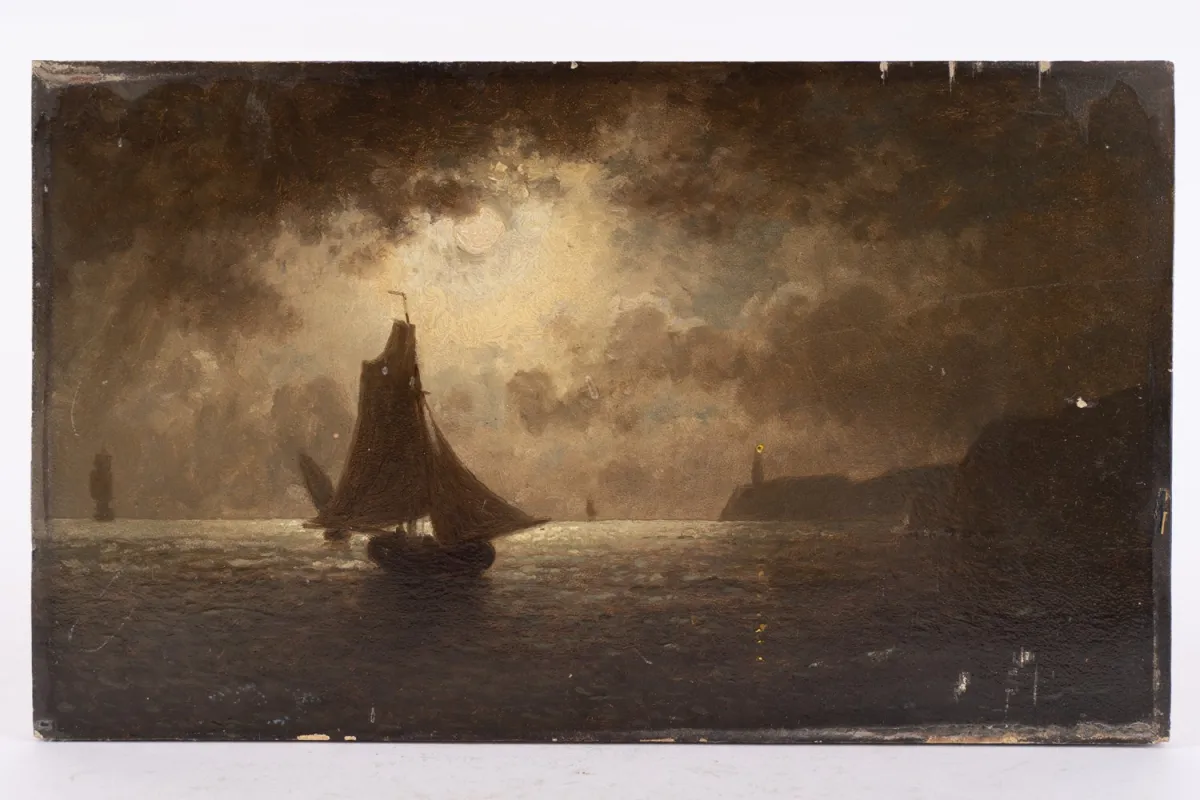 Nuit de lune au bord de la mer, petit tableau, huile sur panneau de bois, env. 15 x 2 x 25,6 cm, non encadré