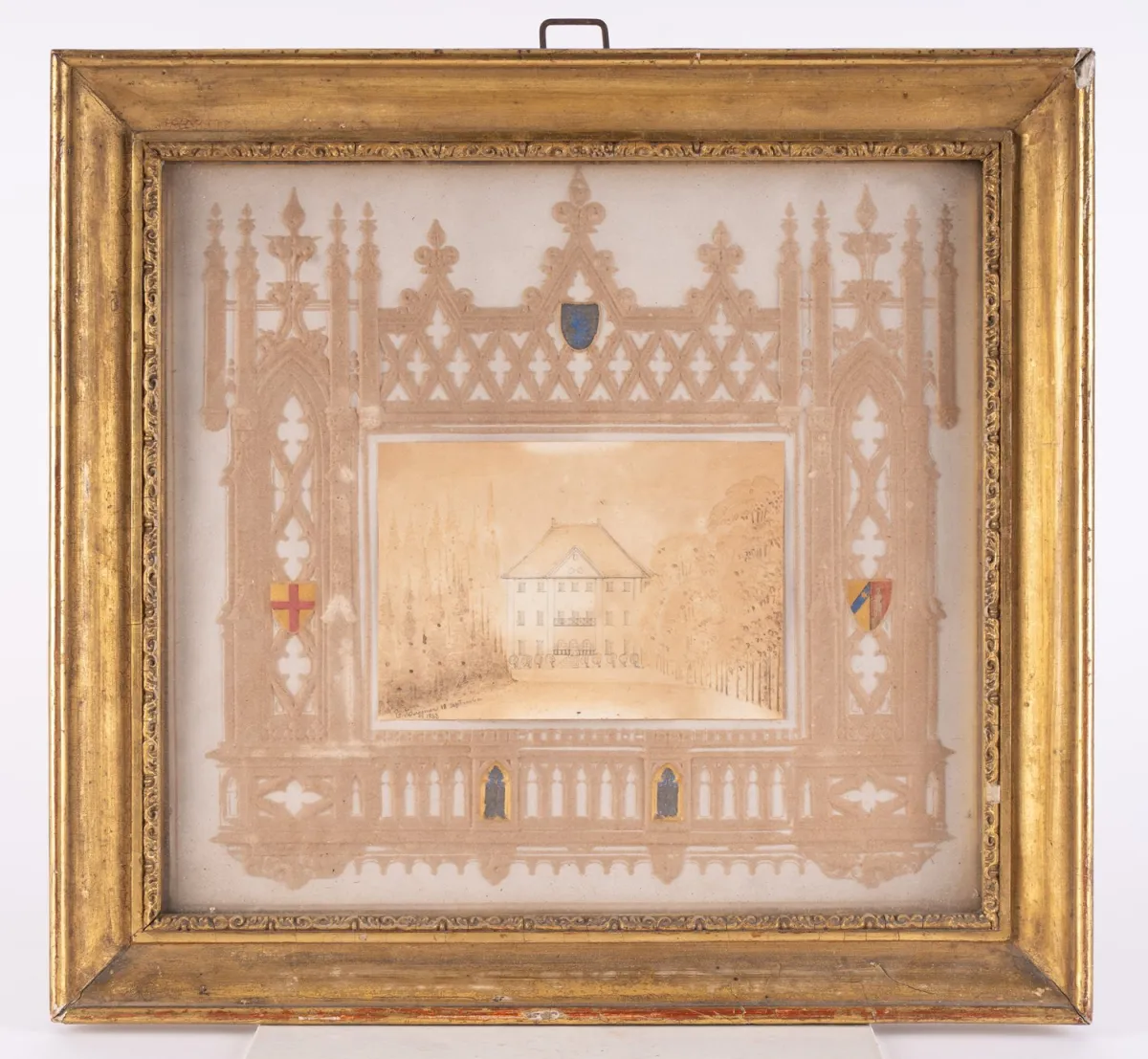 Schlossansicht - hinter Glas in teils mit handbemalten Wappen dekoriertem Passepartout, unten links undeutlich signiert …