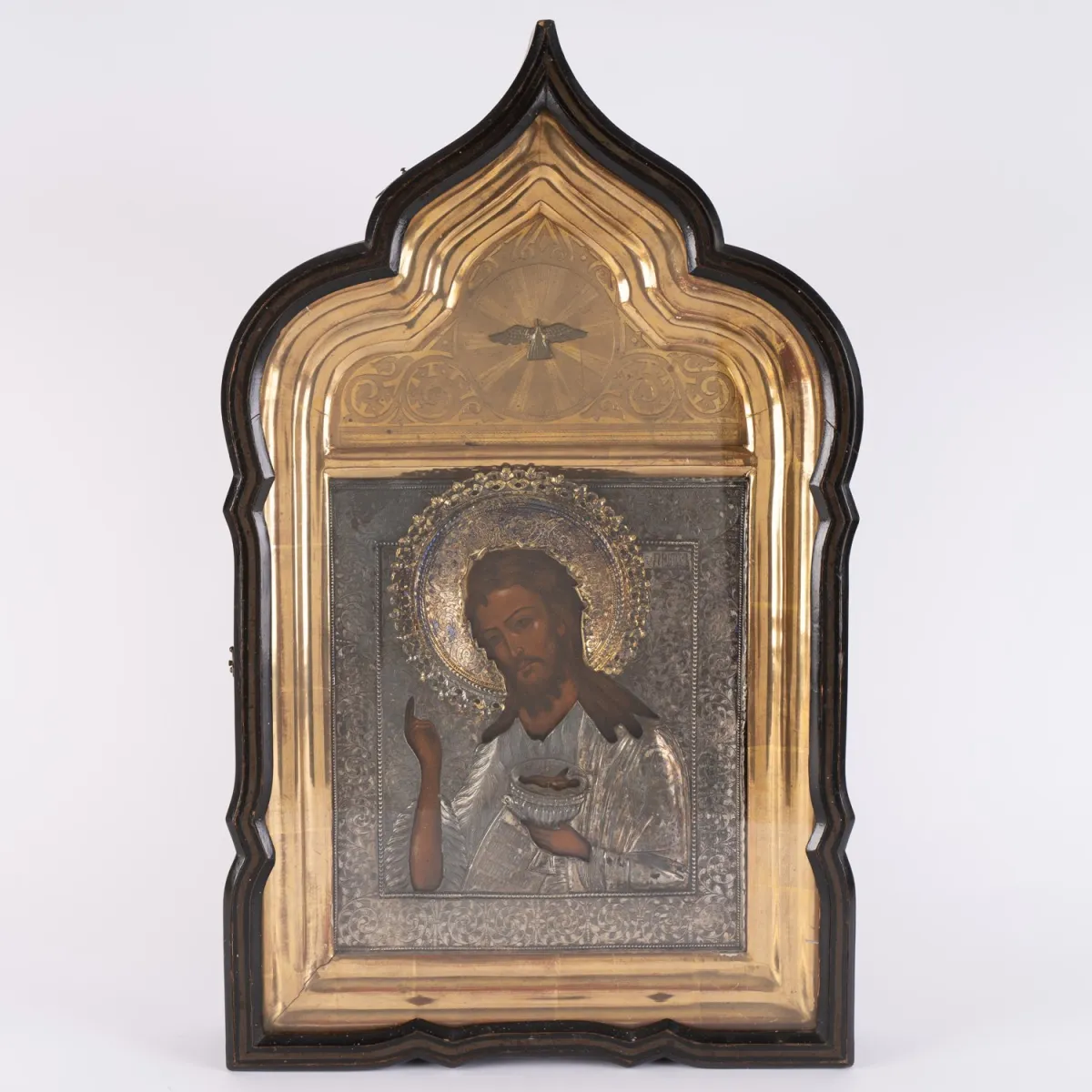 John the Baptist Kazan 18th century, antique Russian Orthodox icon with elaborate silver oklad in a custom-made…