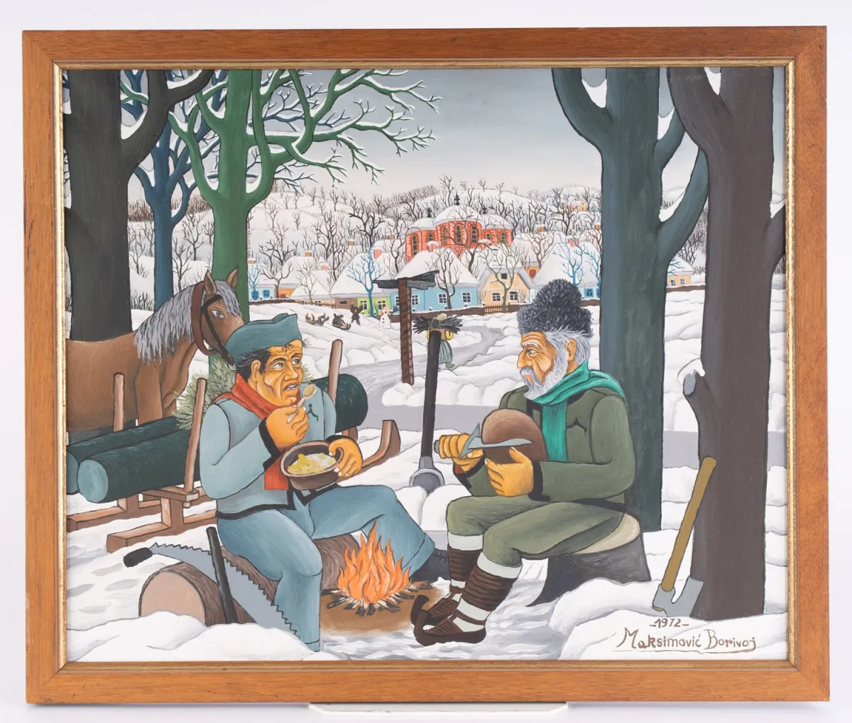Bread Time, painting, oil on canvas, approx. 38 x 46 cm, signed lower right: Maksimovic Borivoj. Dated 1972, work a…