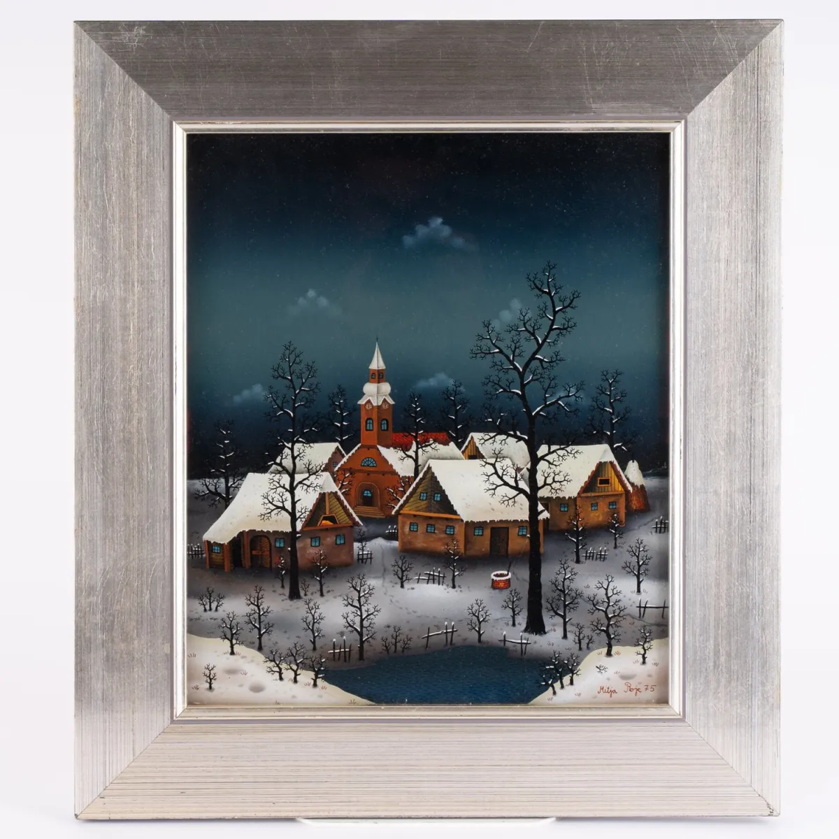 Winterlandschap, naïeve schildering achter glas van kunstenaar Mitja Rojc. Rechtsonder gesigneerd en (19)75 gedateerd. ca. 37 x…