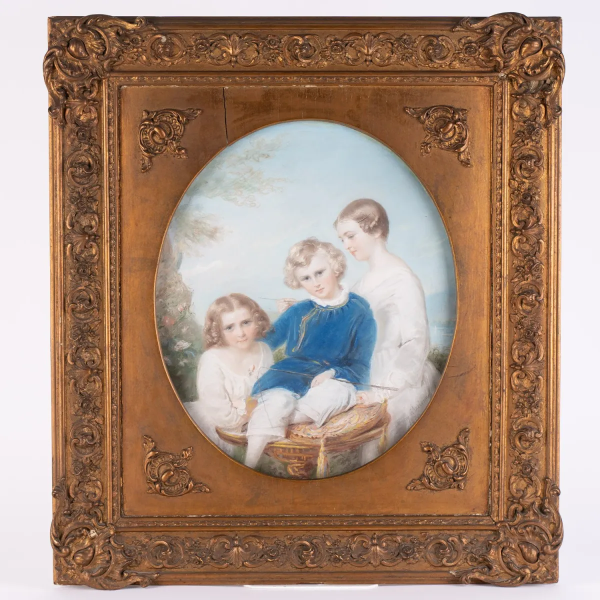 Child portrait, Biedermeier mid-19th century, oval image section, pastel chalk drawing, signed lower right: Nanny Mer…