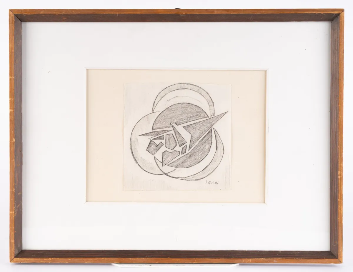 Abstract composition - sketchy pencil drawing, framed behind glass in mat, annotated lower right: J.…