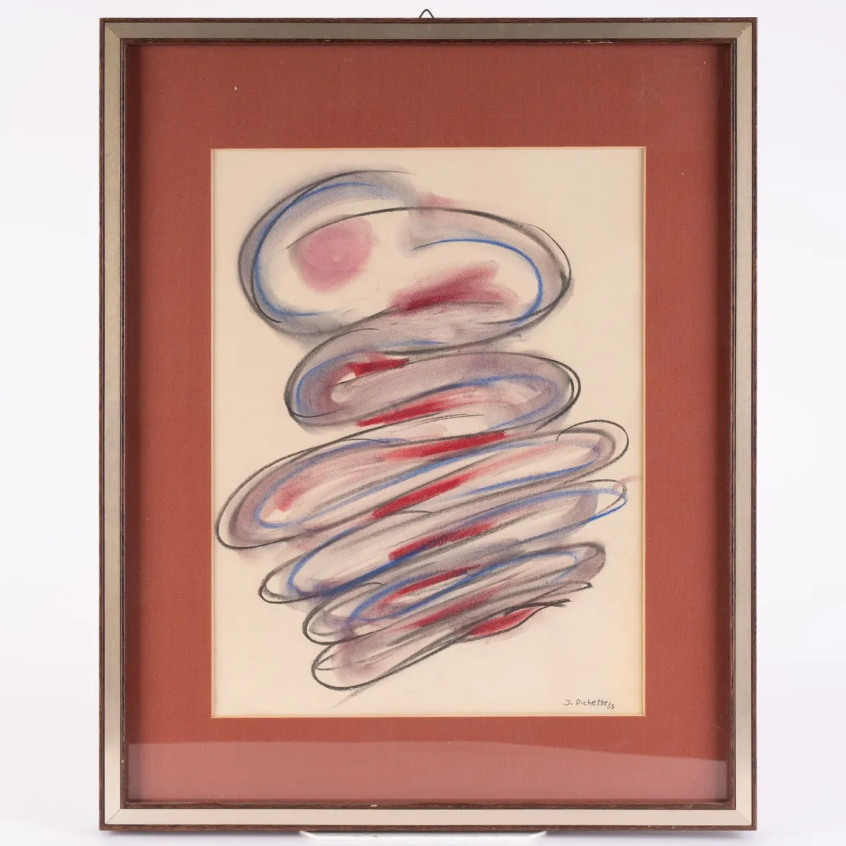 Untitled chalk drawing framed behind glass, visible sheet size approx. 37 x 28 cm, annotated lower right: J. PICHETTE &…