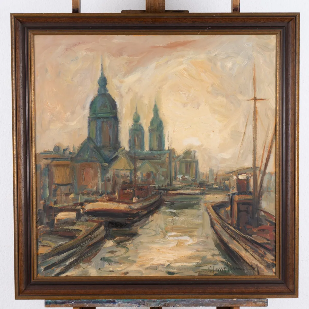 Am Kanal, groot vierkant schilderij, olieverf op doek, afmetingen ca. 80 x 80 cm, gesigneerd rechtsonder: Hans N…