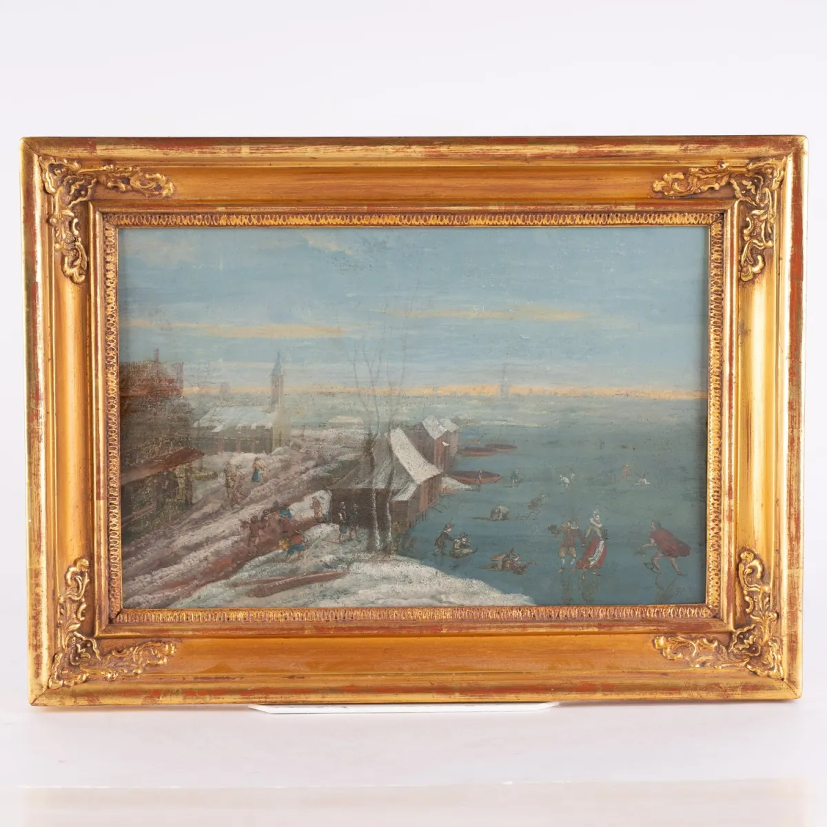 Winterliches Eisvergnügen , Gemälde, Öl auf Eichenholztafel, ca. 21 x 31 cm, unsignierte akademische Malerei, 18. / 19. …
