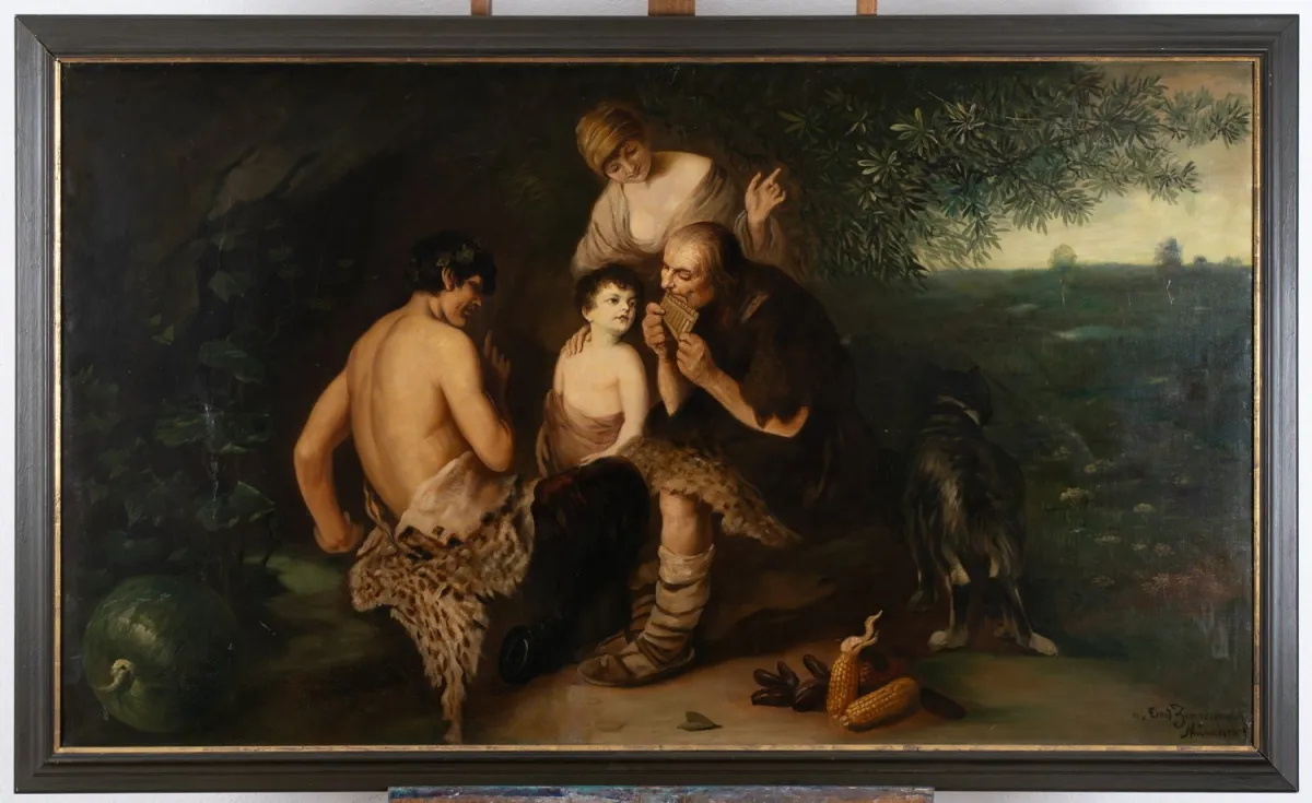 Lekcja muzyki (1909), duży obraz, olej na płótnie, ok. 92 x 160 cm. Kopia według oryginału Ernsta