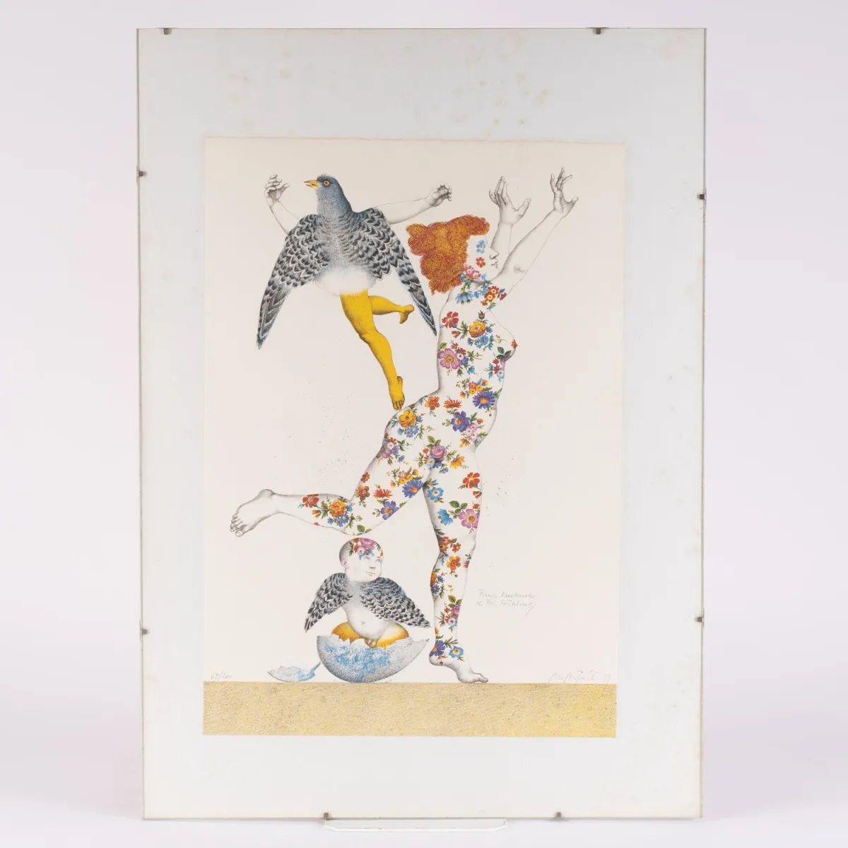 Prinz Kuckuck und Frl. Frühling - color lithograph by Michael Matthias Prechtl (1926 - 2003) framed behind glass, Blat…