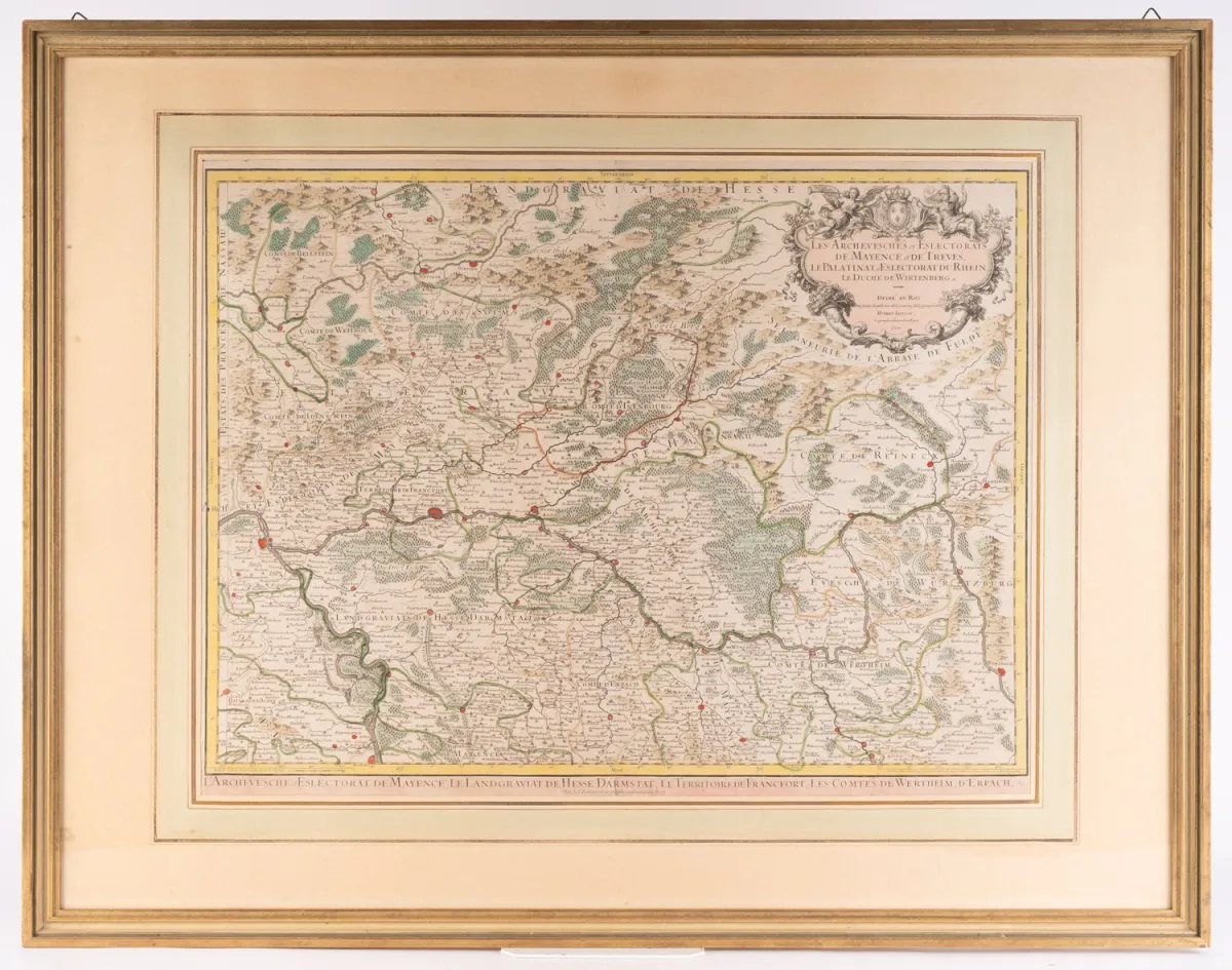 Grootformaat handgekleurde kopergravure kaart uit de 18e eeuw, getiteld Les Archevesches et Eslectorats de Mayence et des…