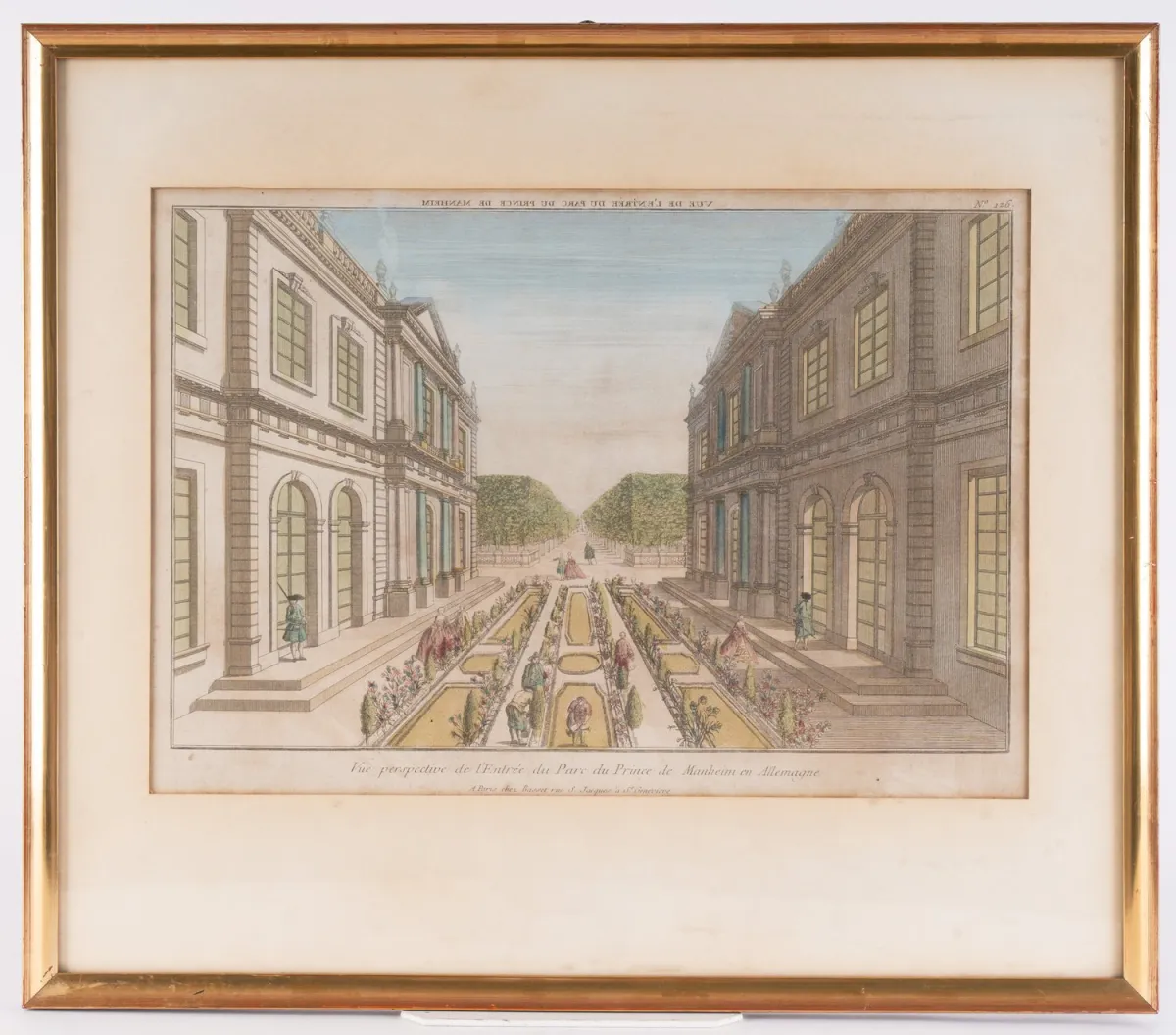 Perspectiefzicht op de ingang van het park van de prins van Manheim in Duitsland, handgekleurde kopergravure, ingelijst onder glas