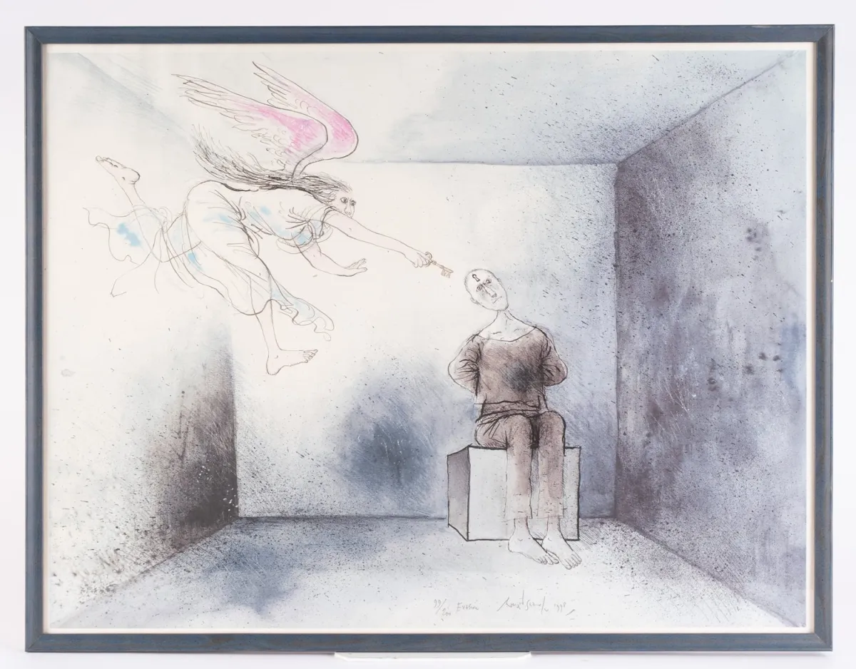 Evasion , hinter Glas gerahmte Farblithographie, multiple, limitierte Auflage, Ex Nr. 99/200. Platte ca. 47,5 x 62,5 cm,…