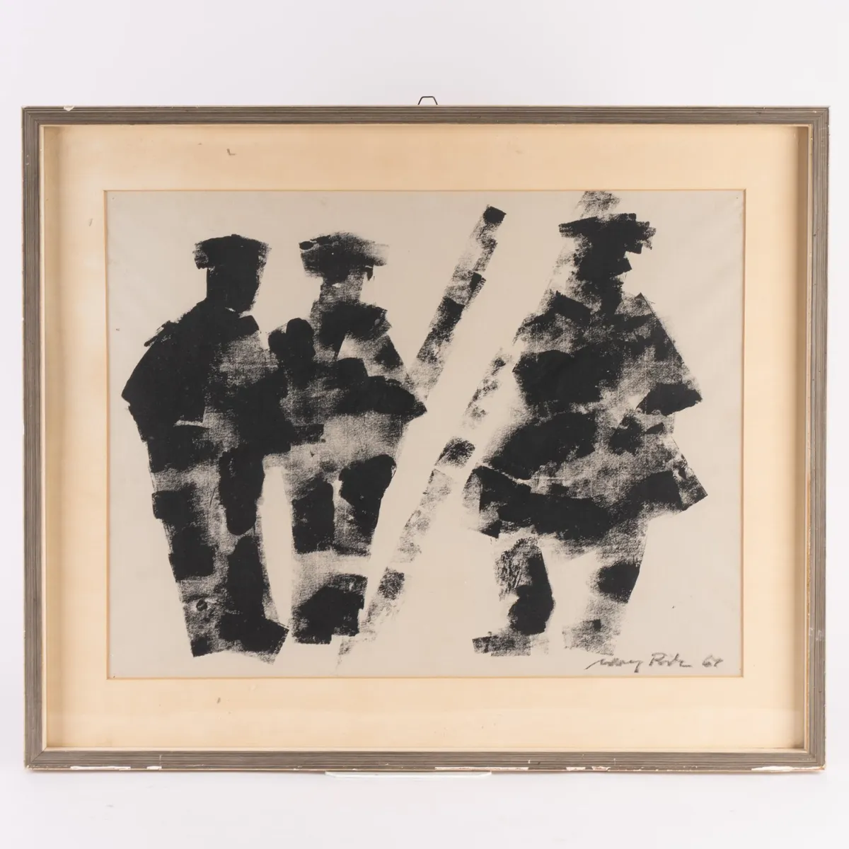 Ice hockey player, charcoal drawing by Murray Reich framed behind glass, dated (19)67, in passe-partout, visible sheet…
