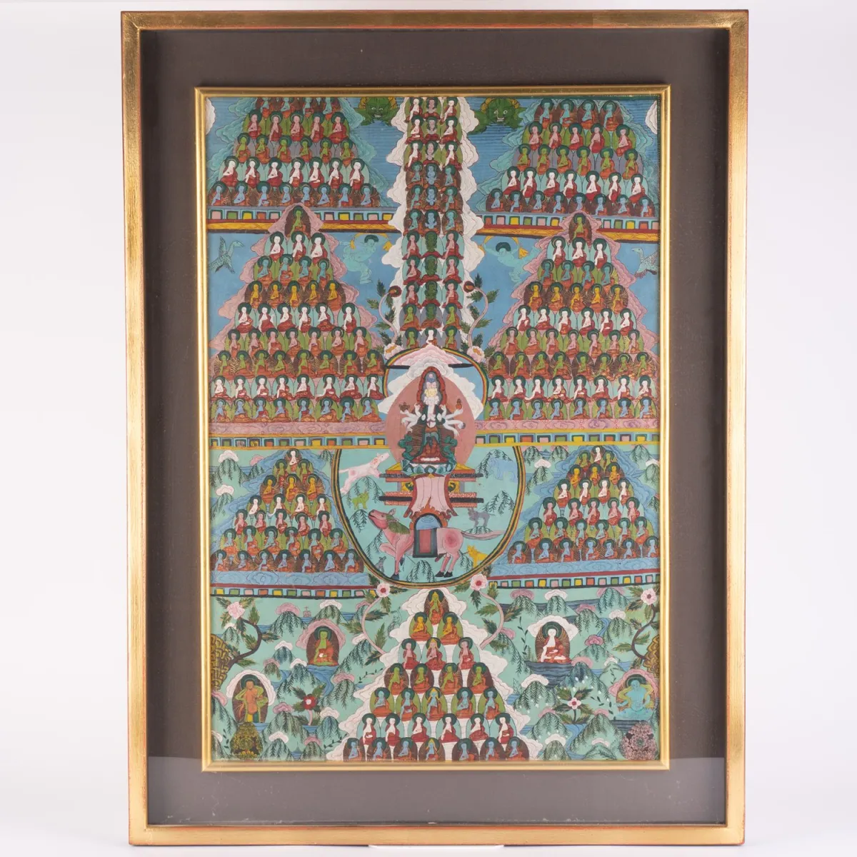 Image de saint à figures multiples, Inde 20e s., technique mixte sur ?, dimensions à vue env. 78,5 x 53,5 cm, partiellement…