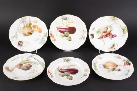 Sada 6 hlubokých talířů KPM Berlin, berlínský bílý porcelán s polychromním zeleninovým dekorem. Lehce se zvedající…