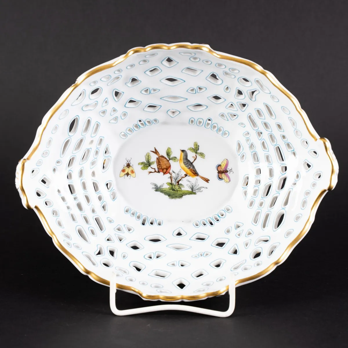 Oval Rothschild basket bowl, Herend / Hungary, Hungarian white porcelain with hand-painted polychrome decorations, openwork …