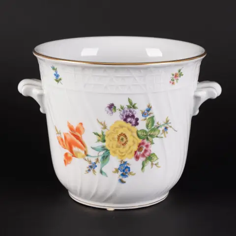 Květináč / Cachepot, LHS Hutschenreuther tvar Dresden, bílý porcelán s polychromním květinovým dekorem a jemným zlacením