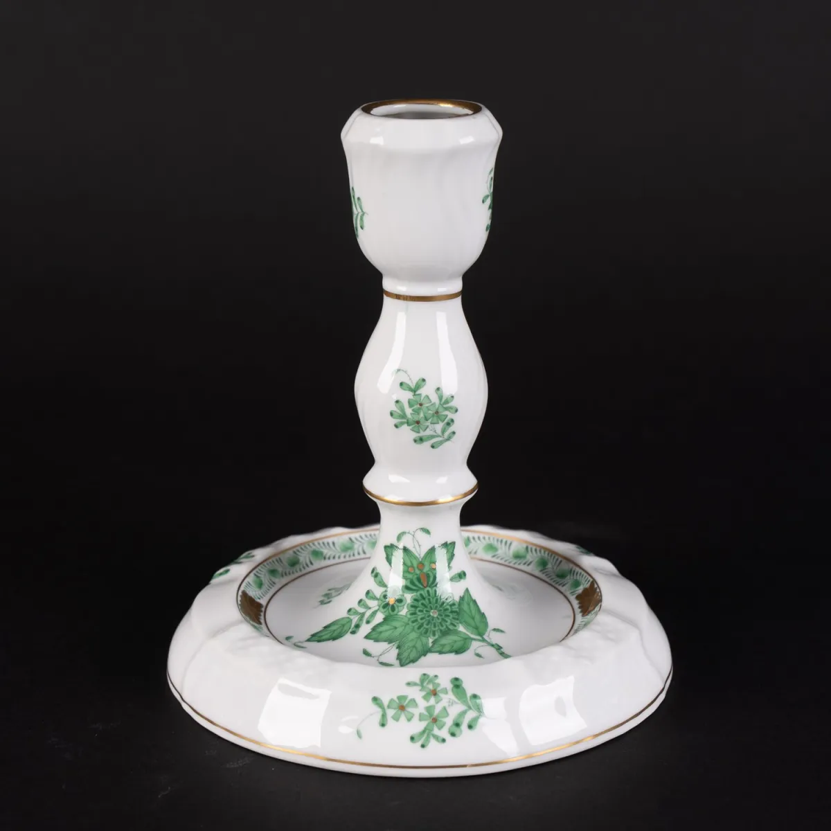Single-flame table candlestick, Herend, Hungarian white porcelain with Apponyi in green tones and subtle gilding
