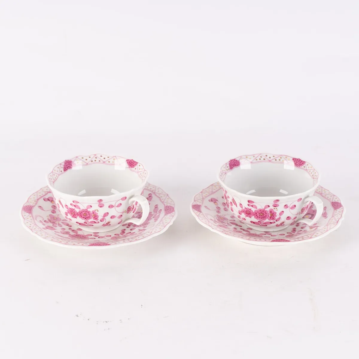 Paire de tasses à café en 2 parties, Meissen, marque aux épées, 5e choix (4 traits de meulage), porcelaine blanche de Saxe avec Indisch…