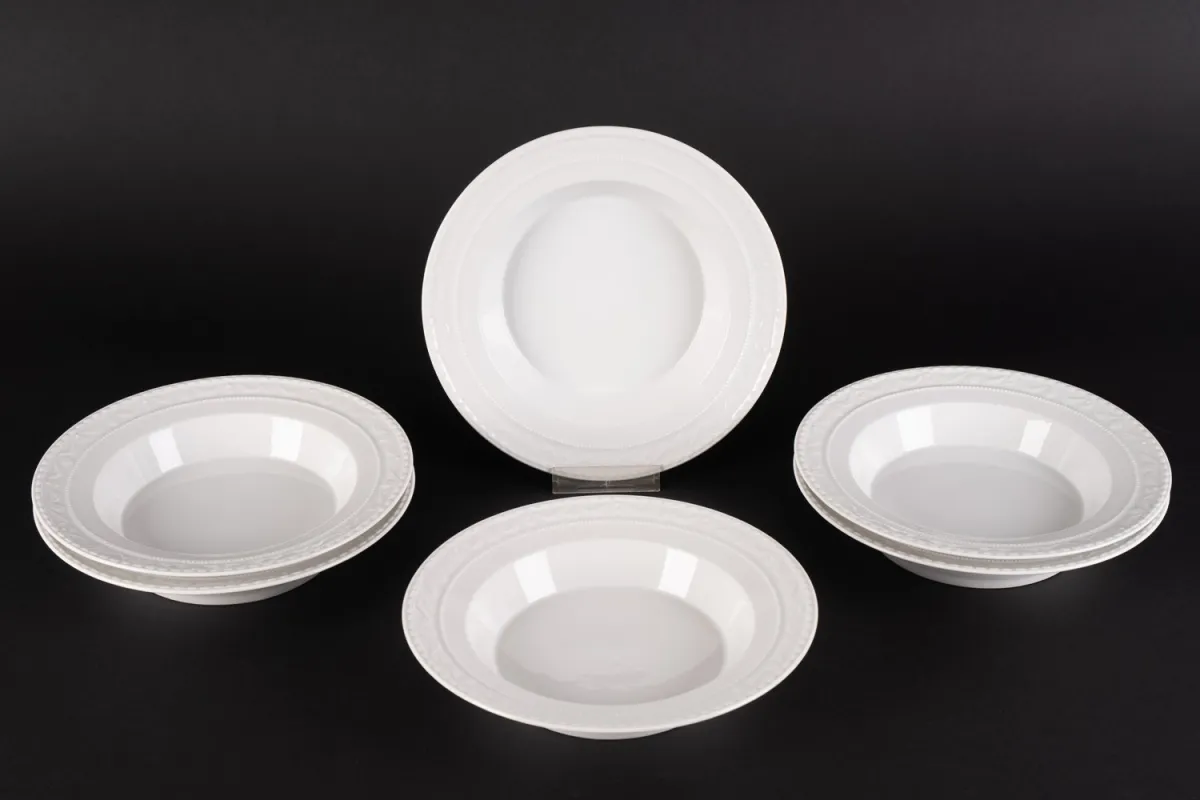 6 salátových talířů, průměr cca 19,7 cm, KPM Kurland, klasický elegantní bílý porcelán z konce 20. století