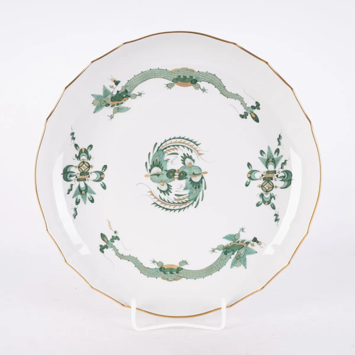Cake plate, Meissen, sword mark, 1st choice, Saxon white porcelain with Green Dragon and gold decor, diameter…