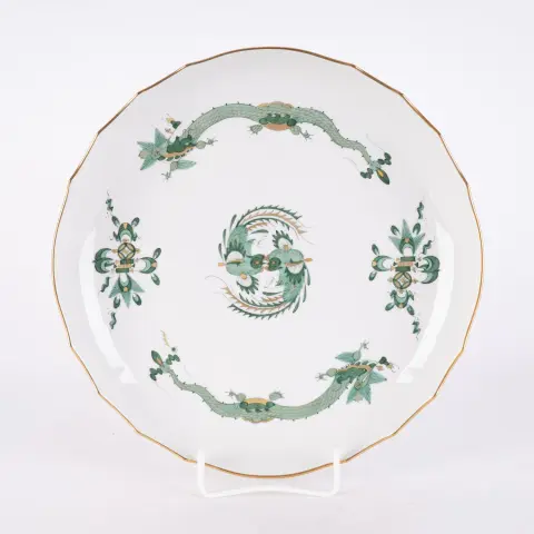 Cakeplateau, Meissen, zwaardenmerk, 1e keus, Saksisch wit porselein met Groene Draak en gouddecor, diameter…