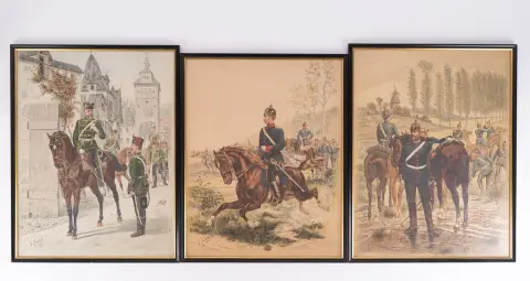 Set van 3 achter glas ingelijste kleurendrukken van Pruisische troepenafbeeldingen. Naar originelen van G. Arnould, licht…