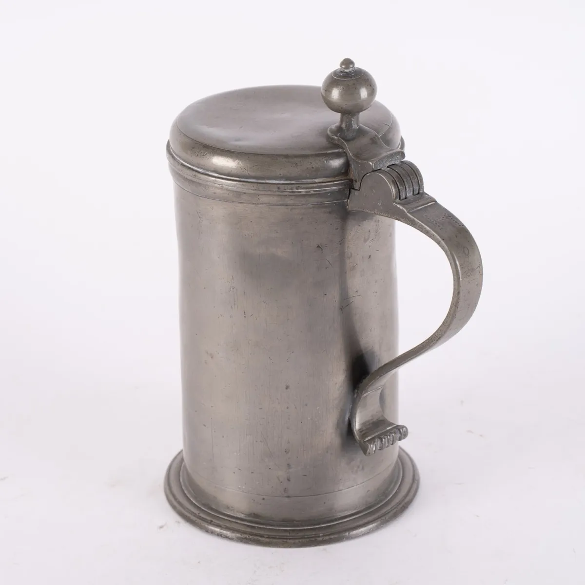 Antique lidded tankard, pewter, spherical push button, lid interior hallmarked - 1811 - dated, front with 1823 dated…