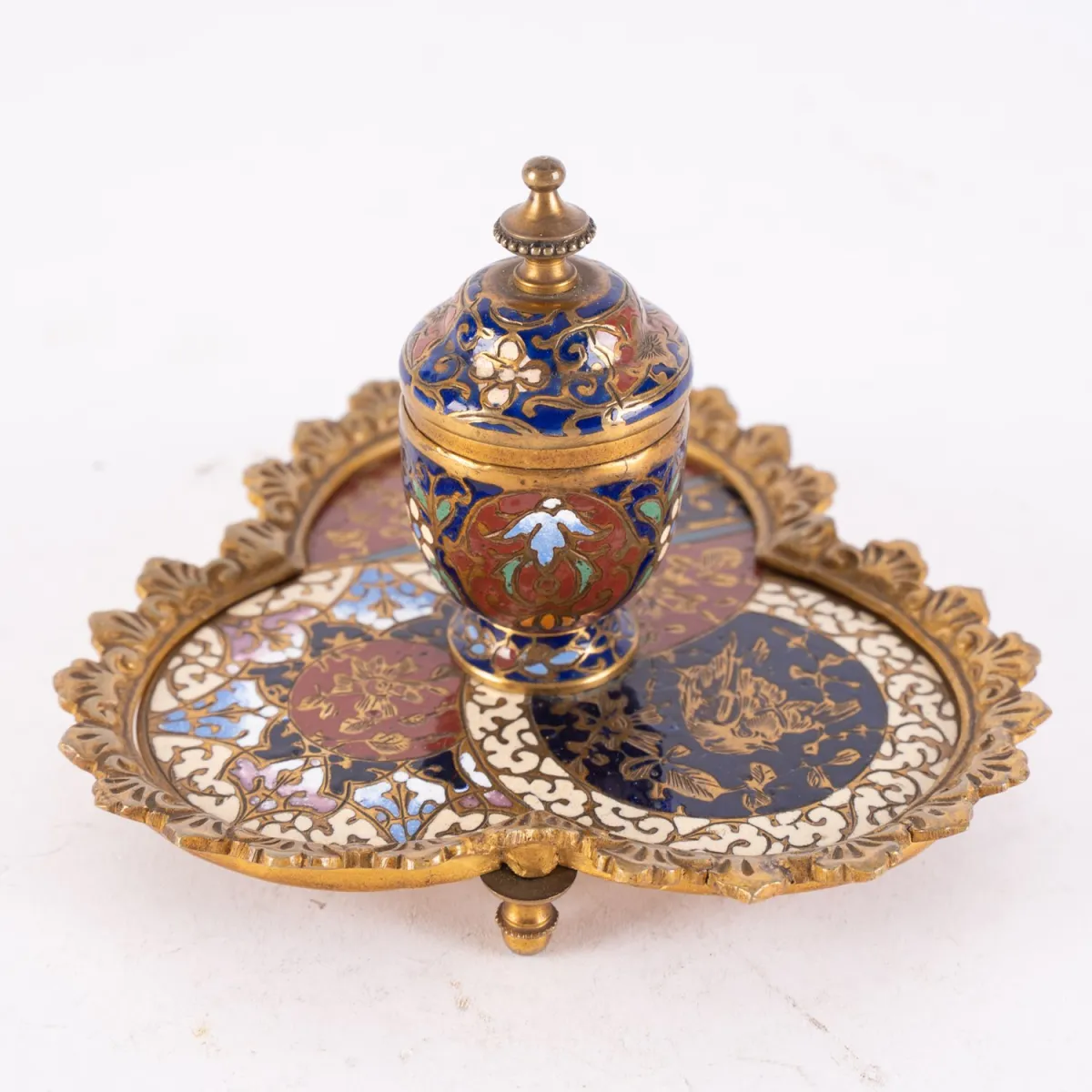 Historic inkwell, Limoges enamel (polychrome) around 1900, original porcelain insert, three-curved base…