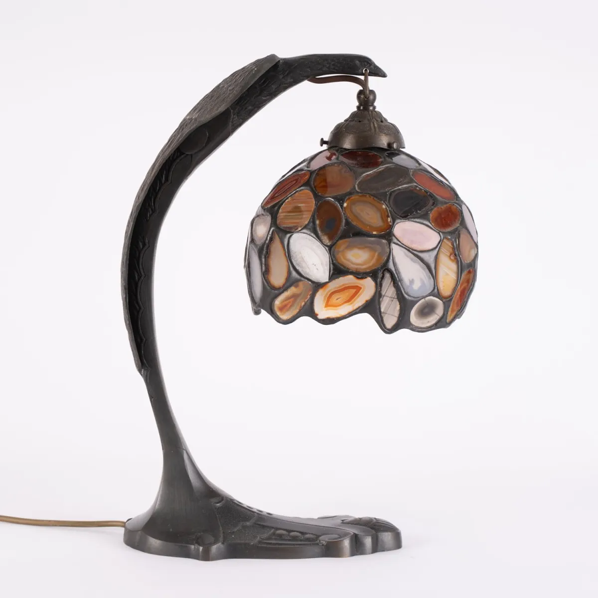 Extravagant Art Deco style table lamp, brownish patinated bronze cast. Height approx. 45 cm, shade approx. 20 cm diameter