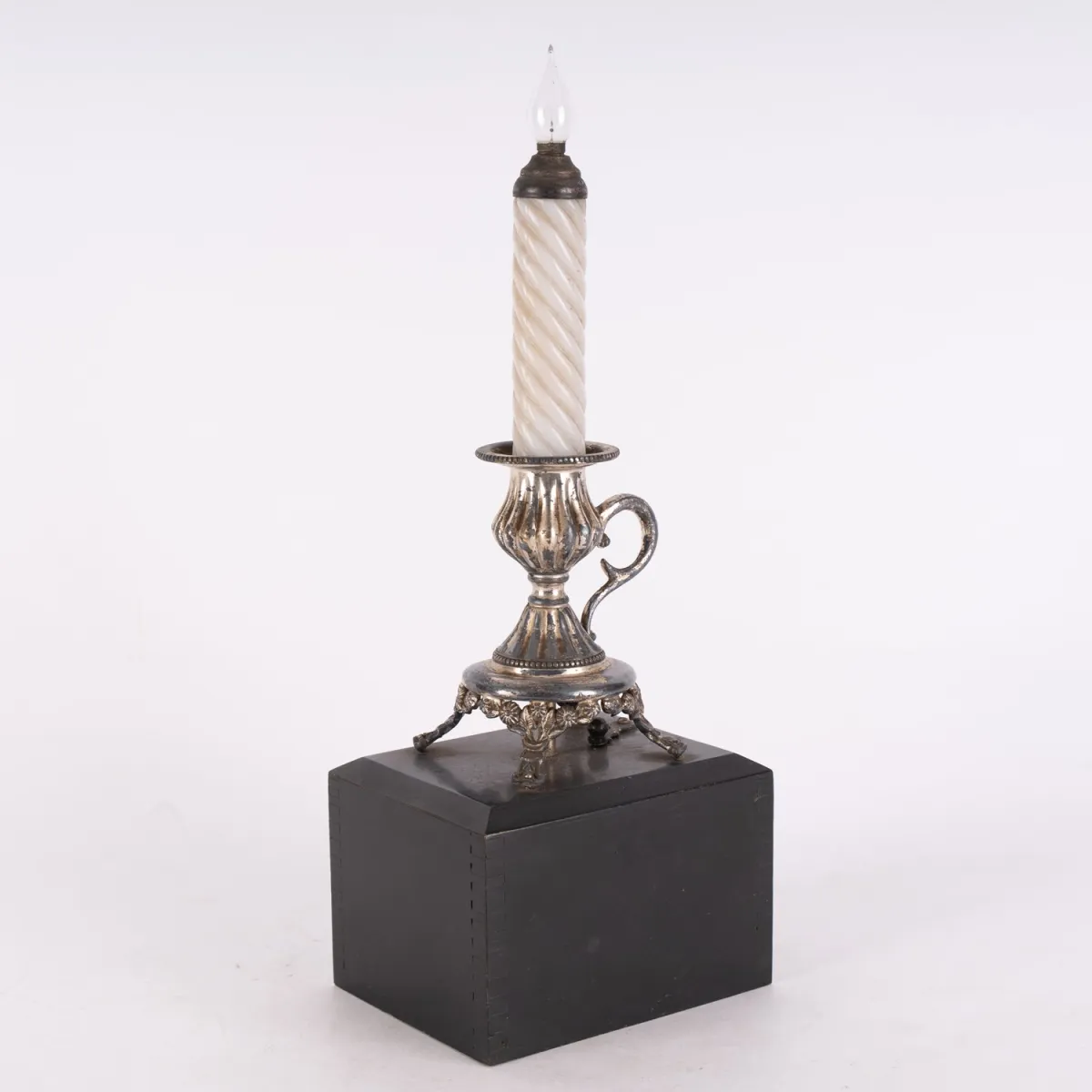 Rare, early, originally battery-operated single-flame table candlestick around 1900, silver-plated metal on high...